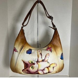Anuschka Hand-Painted Leather Zip Front Hobo Bag -  Playful Kitten